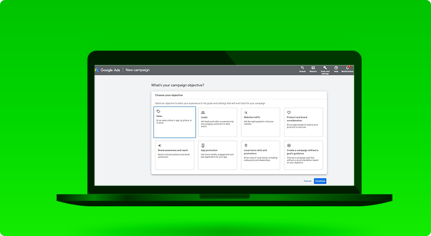 Campaign objective selection screen in Google Ads