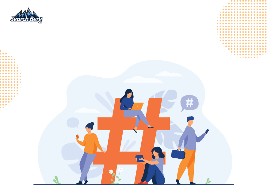 An illustration depicting a large hashtag with people sitting around it.